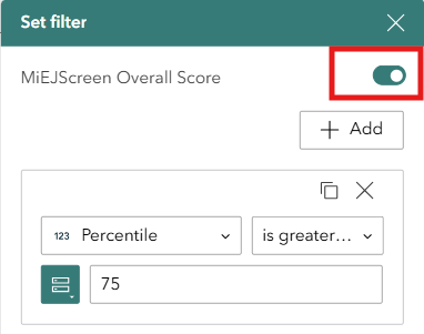 Screenshot of MiEJScreen Set Filter menu with the toggle circled