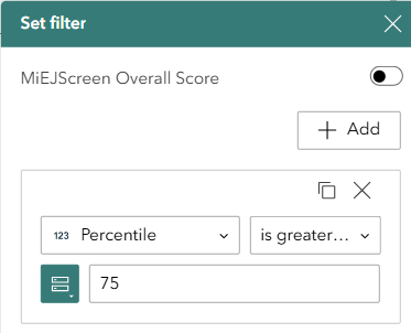 Screenshot of MiEJScreen showing a filter value being added