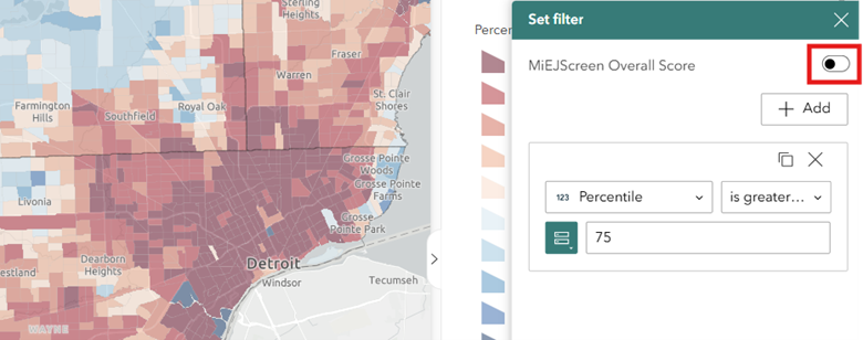 Screenshot of MiEJScreen filtered view with the overall MiEJScreen score toggled off