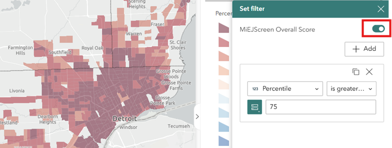 Screenshot of MiEJScreen filtered view with the overall MiEJScreen score toggled on