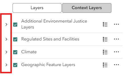 Screenshot of MiEJScreen list of layers with collapsible symbols circled to show they can be expanded
