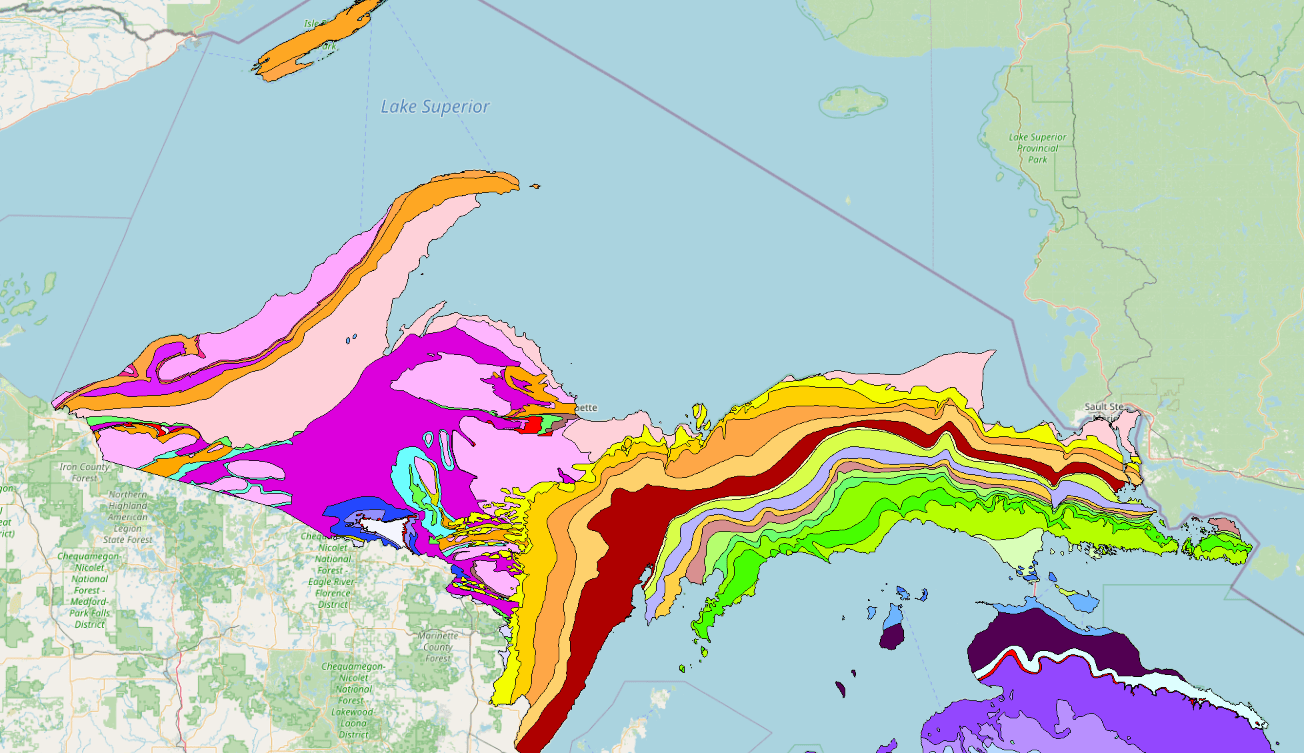 A screen capture of the dataminer application showing bedrock geology in the upper peninsula