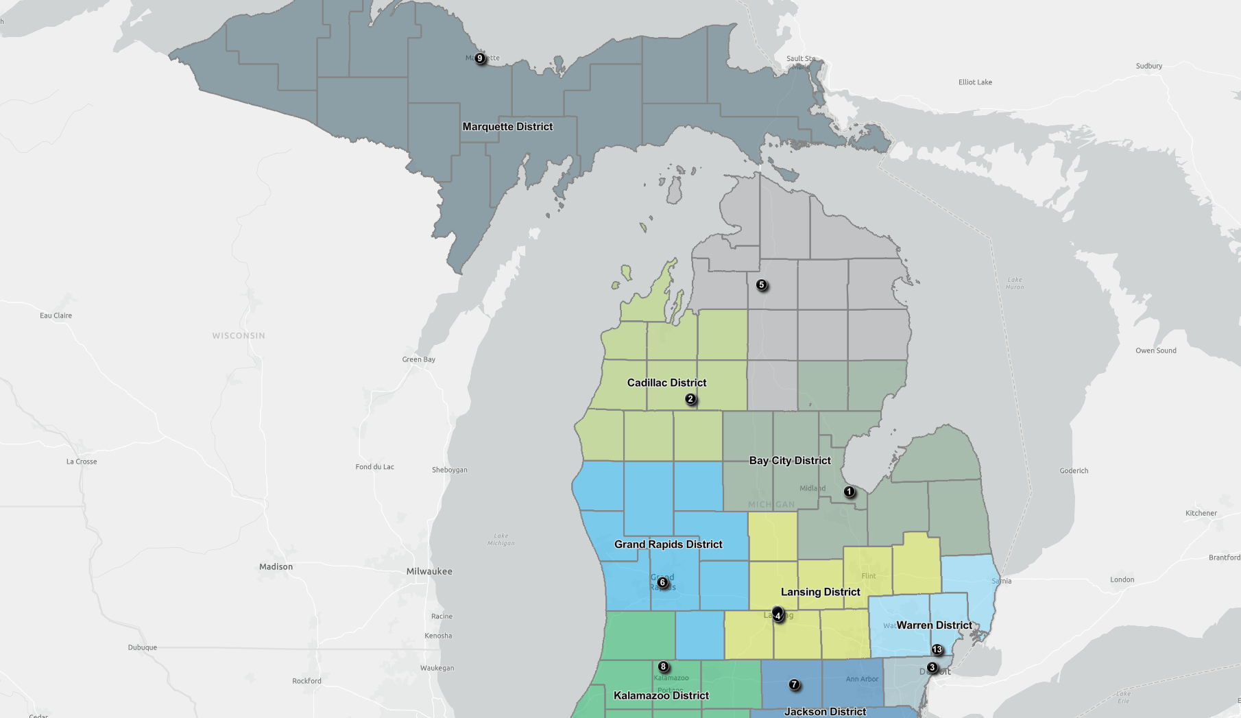 A map of the state of Michigan with EGLE's district office boundaries colored in