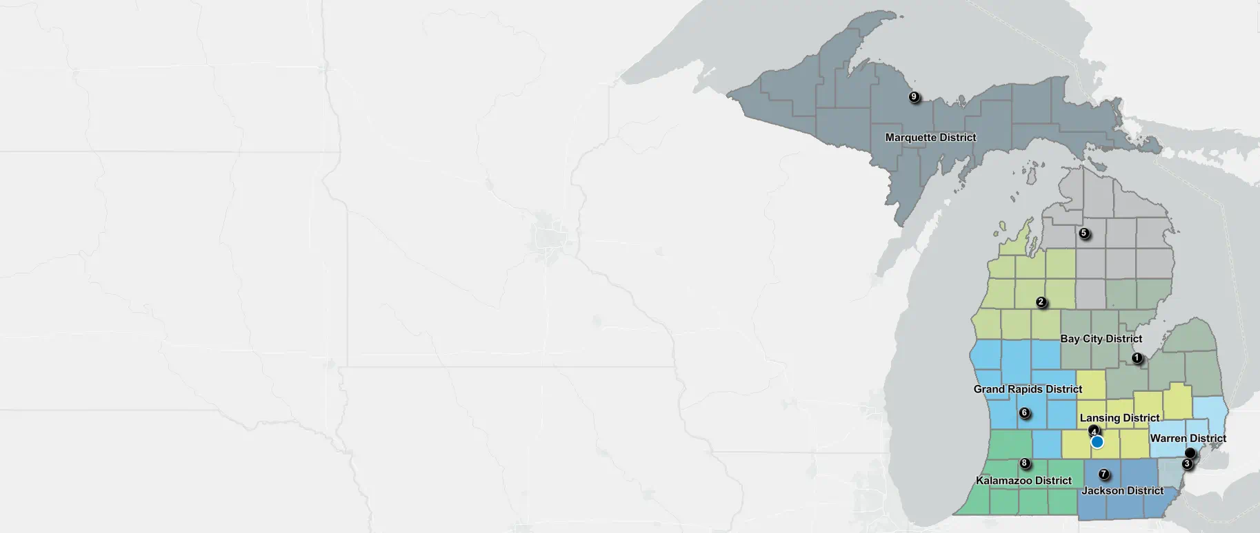 Map of district boundaries and office locations