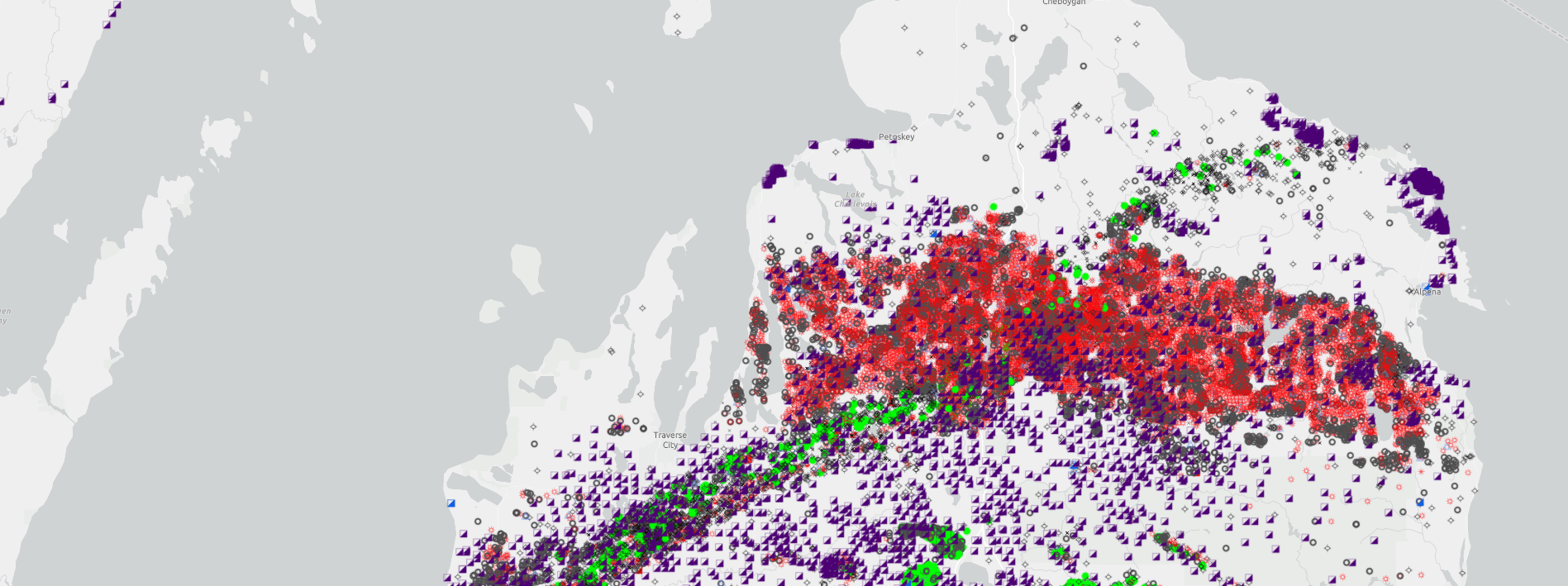 A screen capture of GeoWebFace showing active oil and gas drilling units