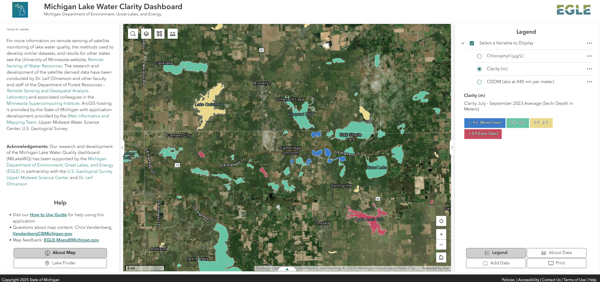 A screenshot of the lake clarity dashboard, showing Michigan lakes in shades of red, yellow, blue, or green depending on overall lake clarity