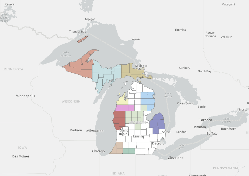 A map of Michigan with different regions in different colors