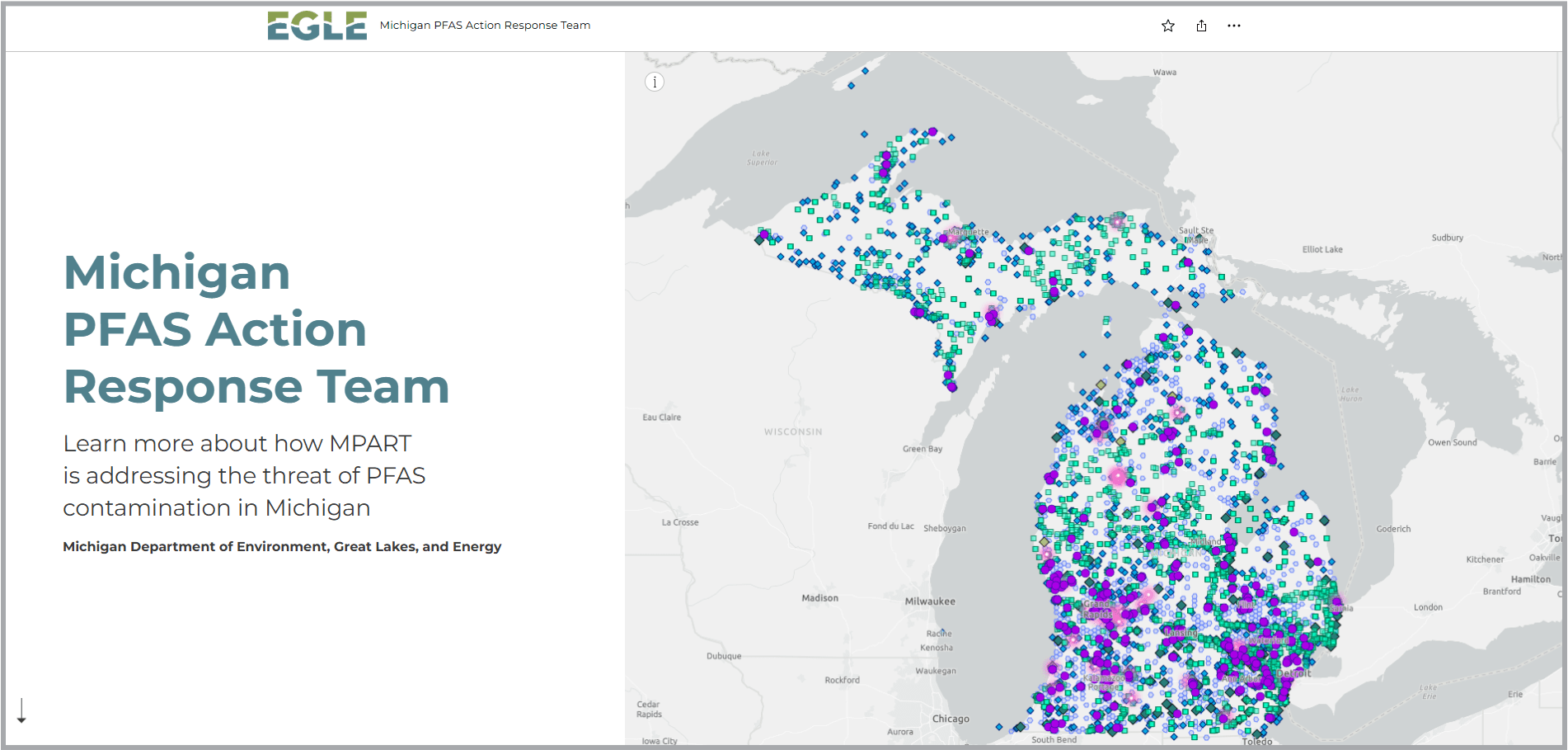 Preview of the MPART story map showing Michigan with many points scattered across it