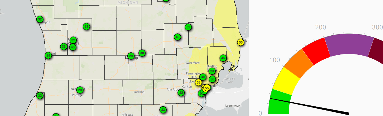 A preview of the MiAir dashboard, showing Air Quality Index information for the state of Michigan