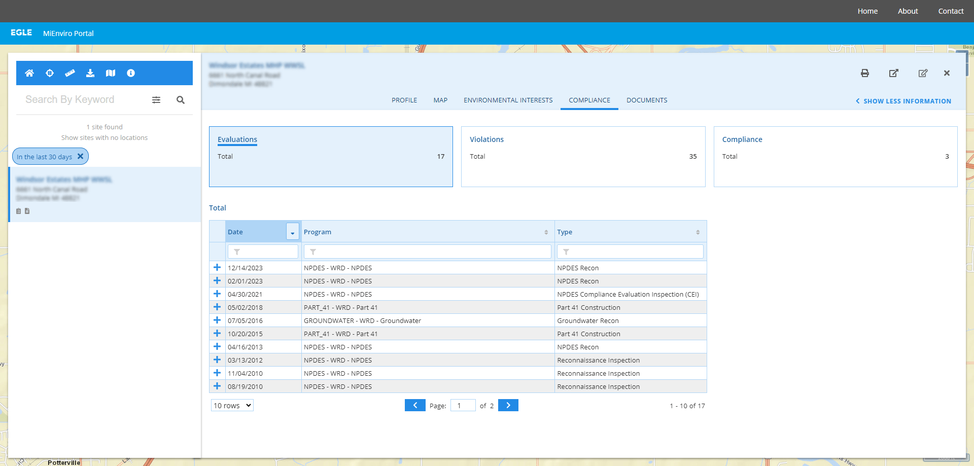 Screenshot of MiEnviro Portal's Site Map Explorer showing the Compliance tab for a single site