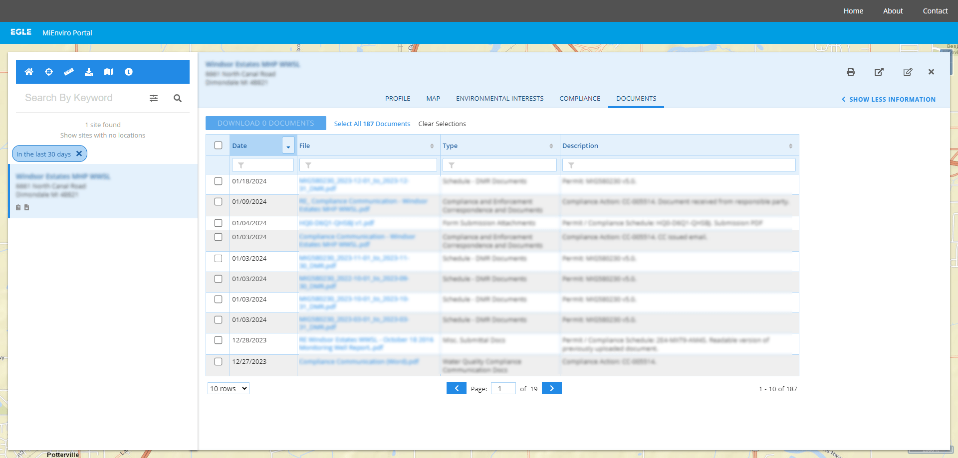 Screenshot of MiEnviro Portal's Site Map Explorer showing the Documents tab for a single site