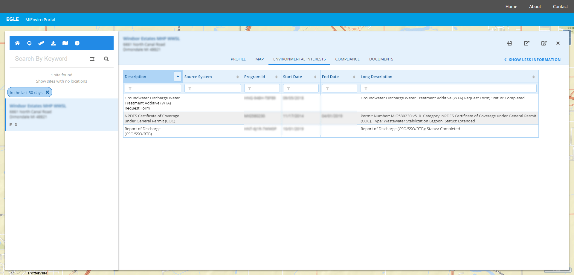 Screenshot of MiEnviro Portal's Site Map Explorer showing the Environmental Interest tab for a single site
