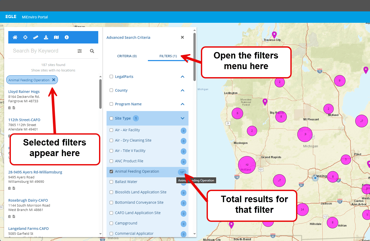 Screenshot of MiEnviro Portal's Site Map Explorer filters menu
