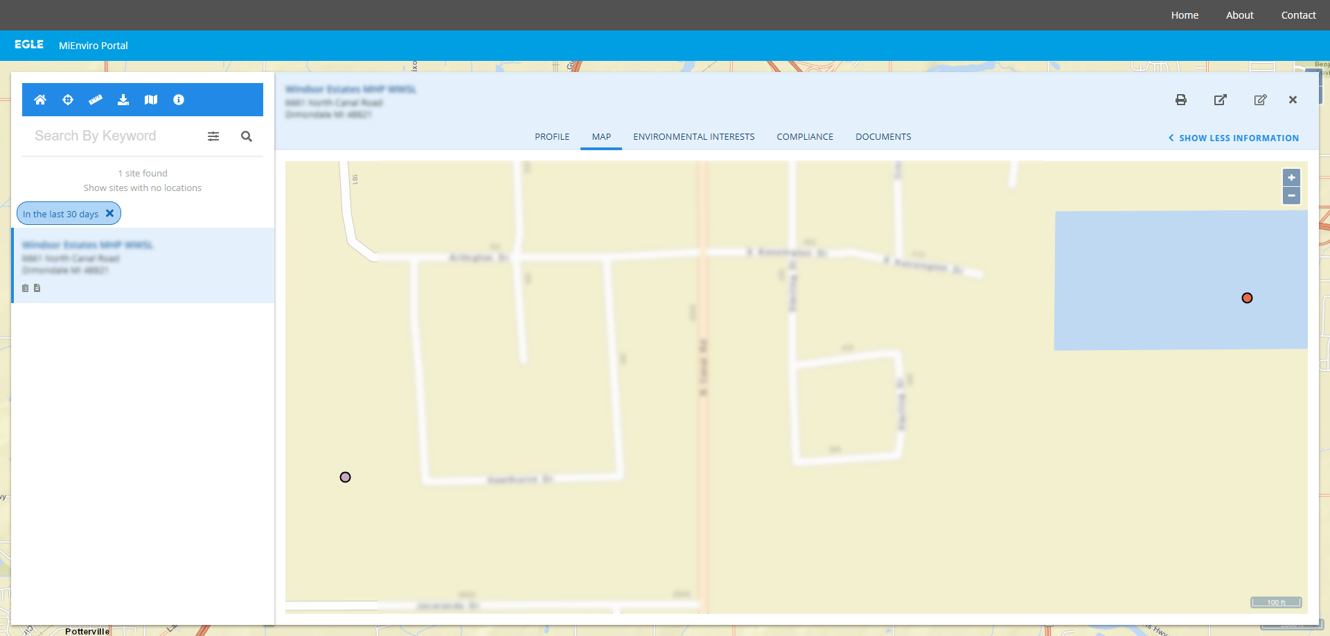 Screenshot of MiEnviro Portal's Site Map Explorer showing the Map tab for a single site