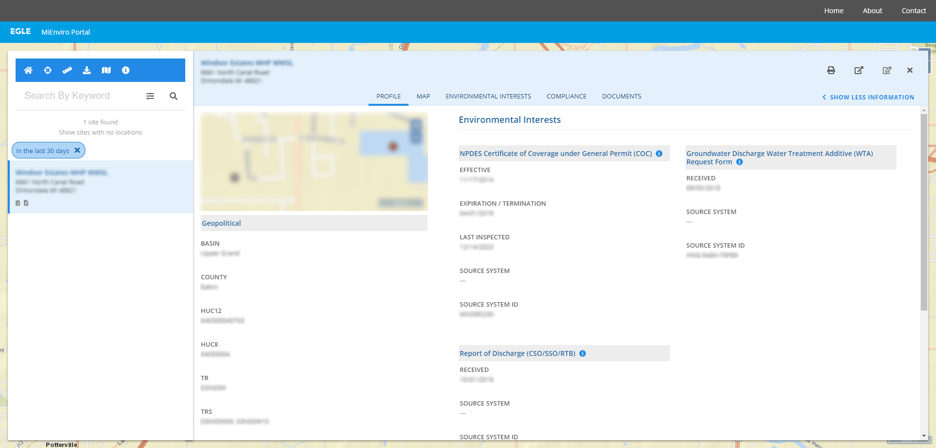 Screenshot of MiEnviro Portal's Site Map Explorer showing the Profile tab for a single site
