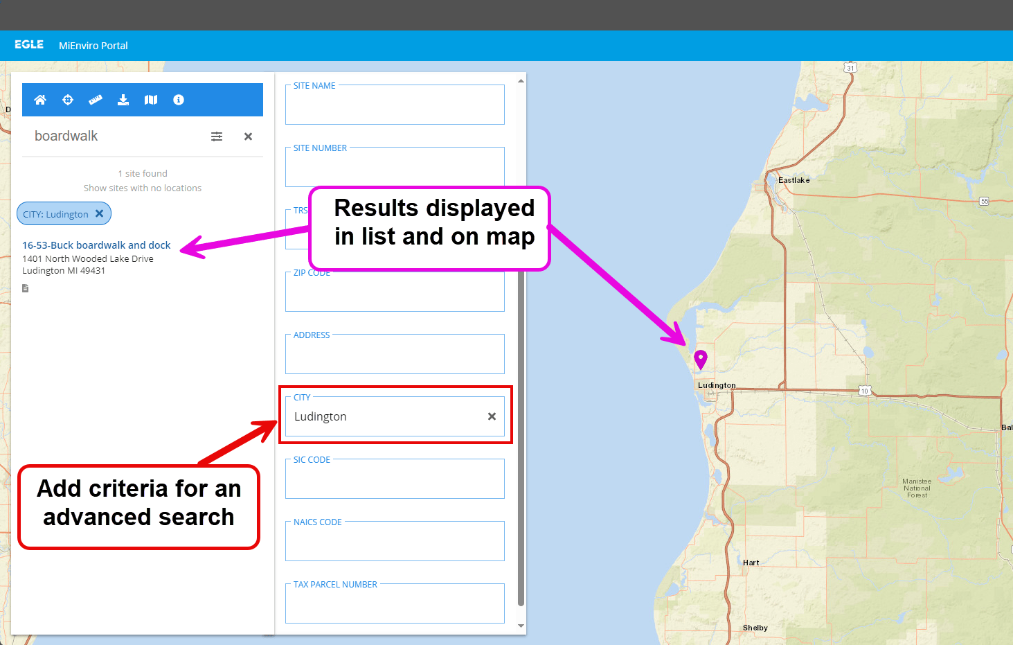 Screenshot of MiEnviro Portal's Site Map Explorer advanced search function