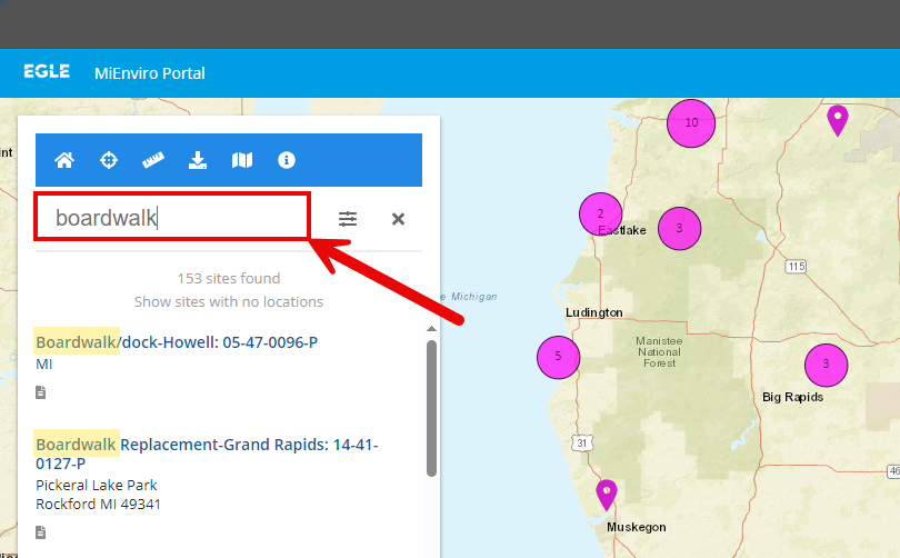 Screenshot of MiEnviro Portal's Site Map Explorer searchbar
