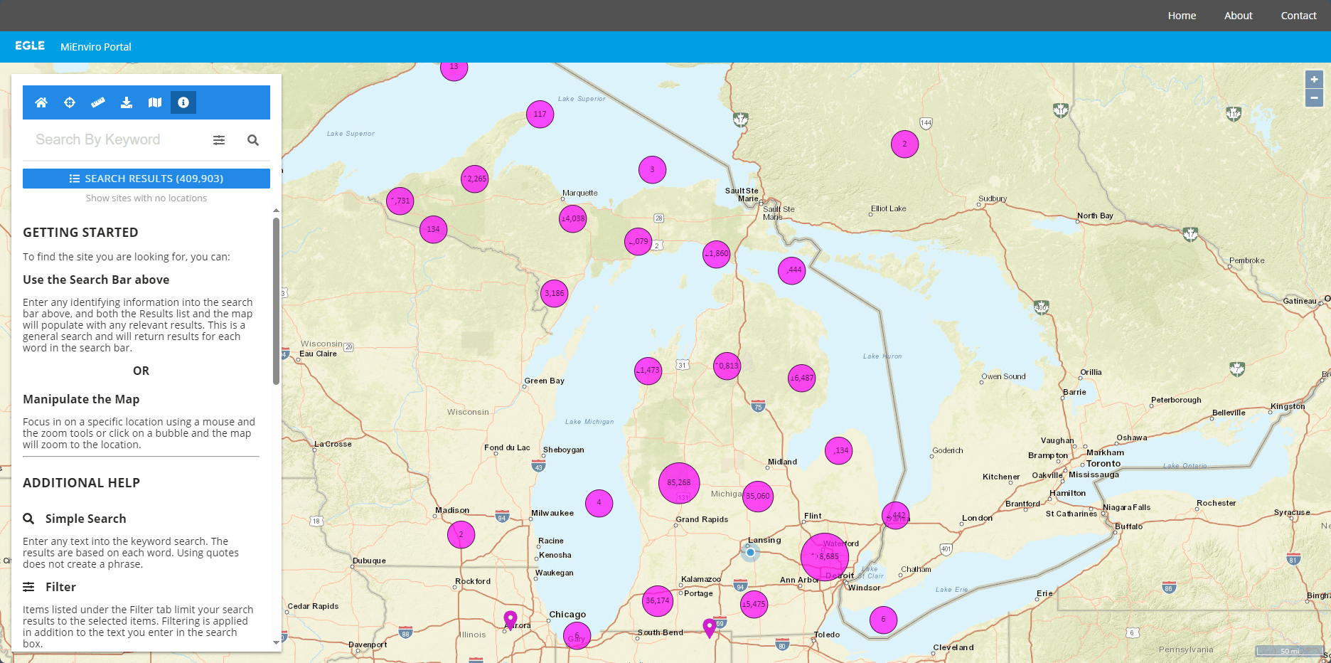 Screenshot of MiEnviro's Site Map Explorer starting screen; Michigan is displayed with many purple dots