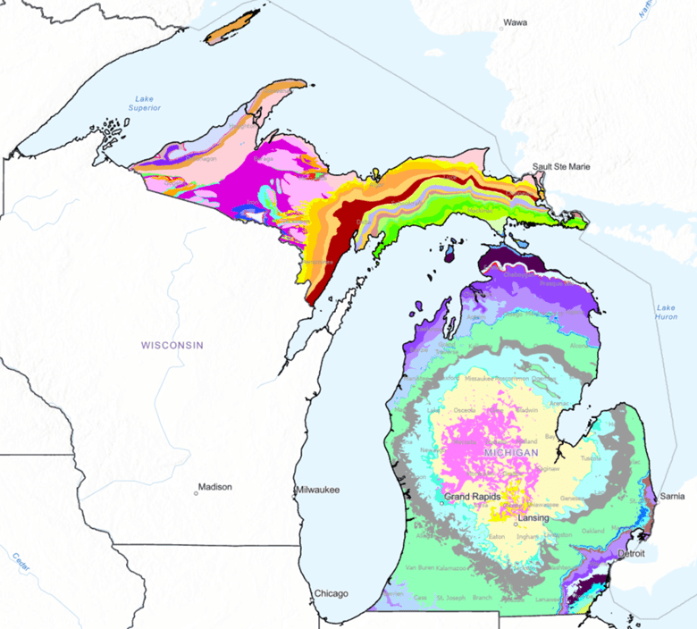 A geologic map of the Michigan Basin showing how Michigan’s bedrock formations would present at the surface with all overburden (loose sediment) stripped away. 