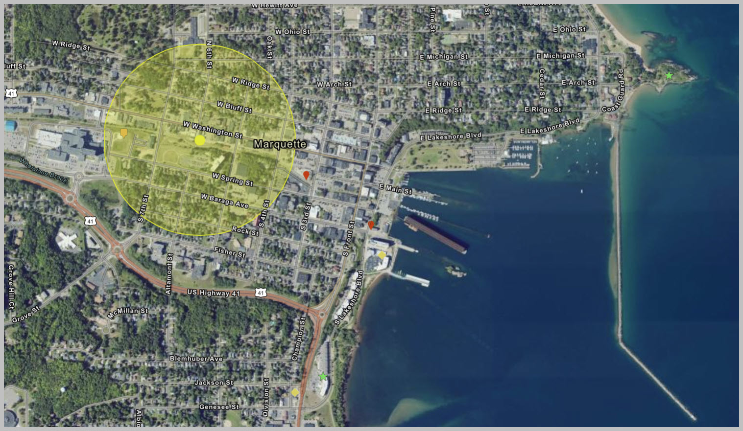 Aerial image from RIDE Mapper showing a buffer being used to identify features within a placed point