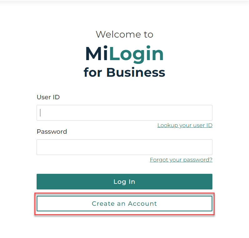 Screen capture showing location of the Create an Account button in MiLogin for Business