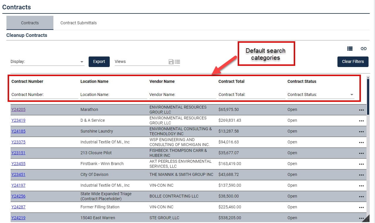Screenshot showing the default search categories in step 1 of submitting documentation for cleanup contracts through RIDE