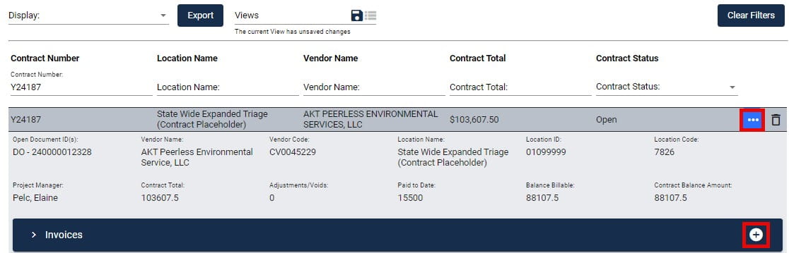 Screenshot showing the location of the buttons used to view contract details and the submittal wizard in RIDE