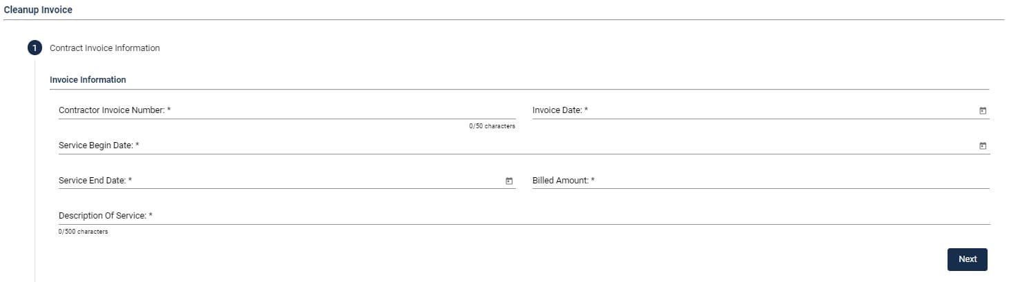 Screenshot showing the buttons used to enter the contract invoice information