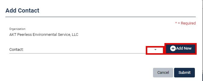 Screenshot showing buttons used to enter contact information during process to submit a contract invoice through RIDE