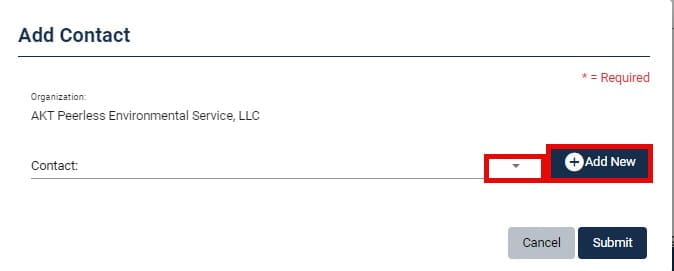 Screenshot showing buttons used to enter contact information during process to submit a contract invoice through RIDE