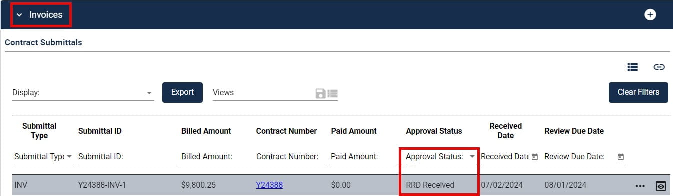 Screenshot showing the location of the drop-down at the top-left used to view submitted invoices and where to see the approval status 
