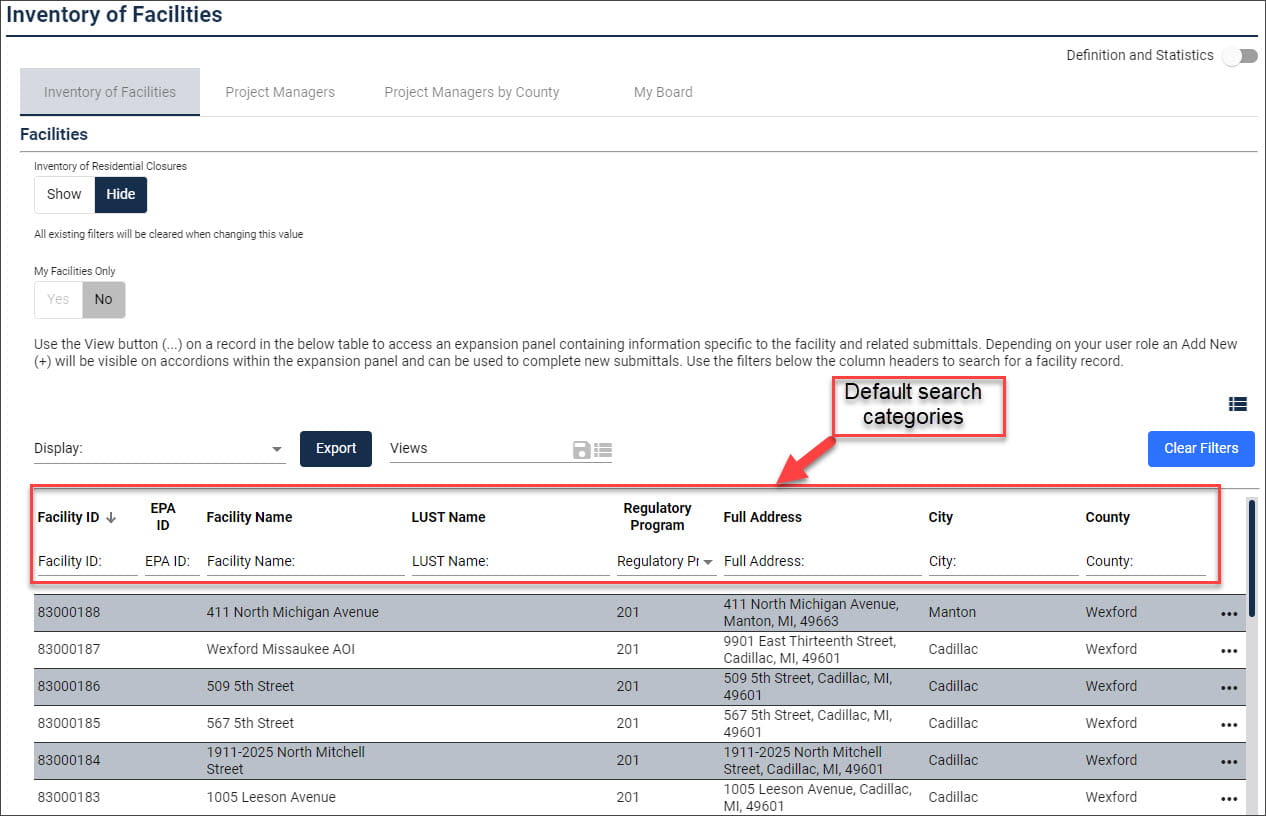 Screenshot showing various search categories in RIDE