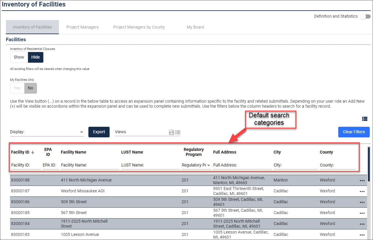 Screenshot showing various search categories in RIDE