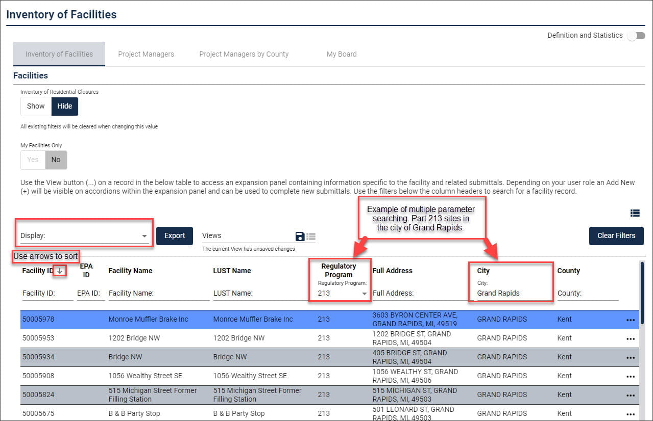 Screenshot from RIDE showing sort options and use of multiple filter parameters