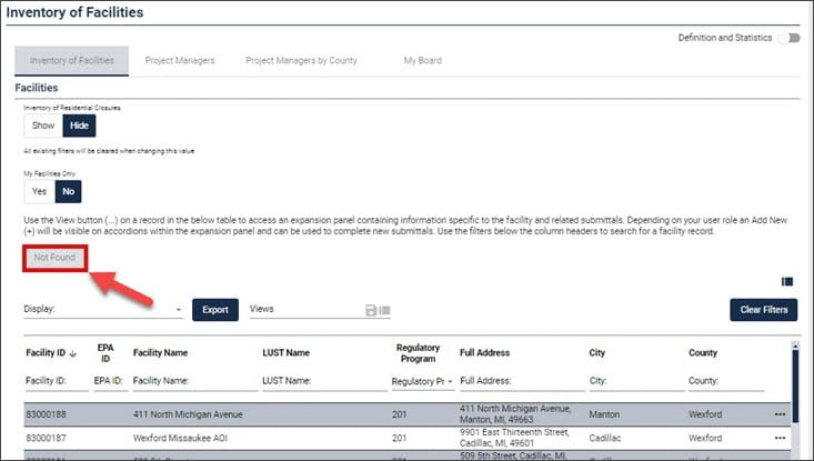 Screen capture of the inventory of facilities page in RIDE showing the location of the "Not Found" button
