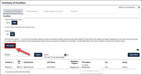 Screen capture showing the location of the "Not Found" button for location submittals in RIDE