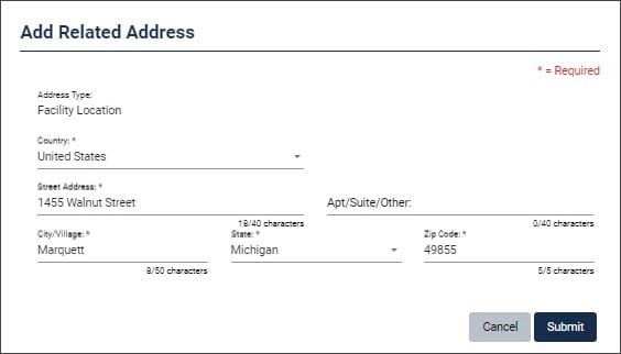 Screen capture showing the "add related address" fields in RIDE for submittals