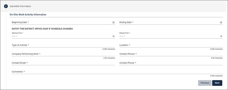 Screenshot from RIDE showing the required fields in the submittal information section