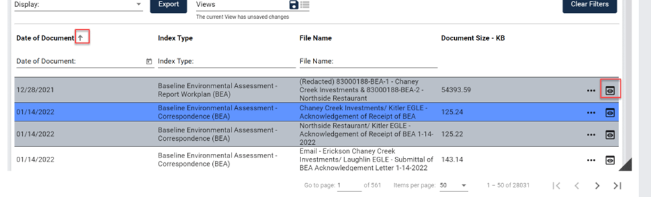 Screenshot from the RIDE database showing the button at the far-right of the screen used to view an electronic document