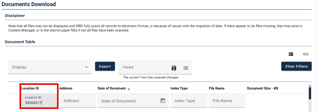 Screenshot from the RIDE database showing the dialogue box used to search for a facility's files by Location ID number