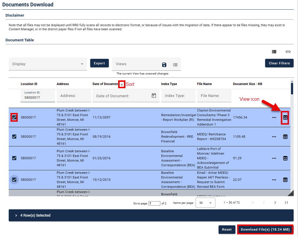 Screenshot from the RIDE database showing where to select the documents to be downloaded