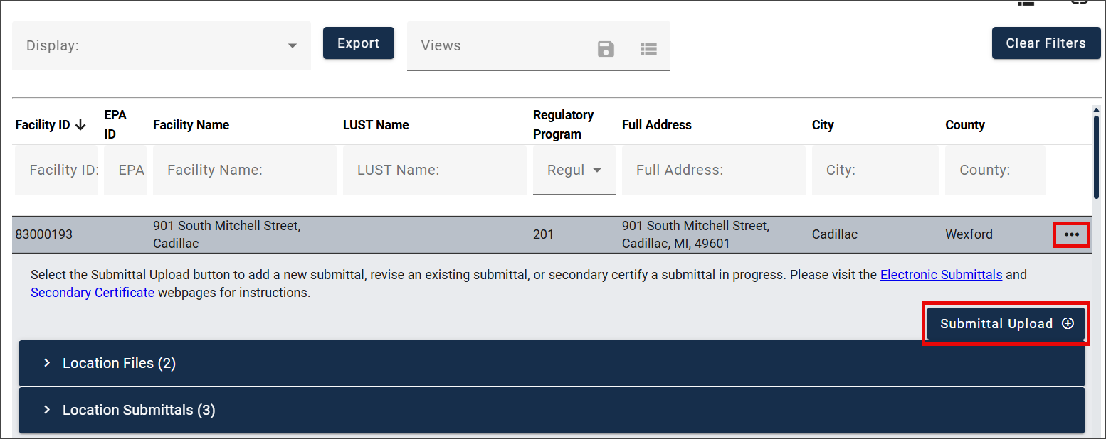 Screenshot from the RIDE Database showing the location of the button used to upload a submittal