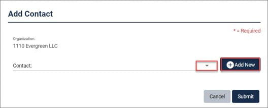 Screenshot from the RIDE database showing details on how to add a new contact for a submittal