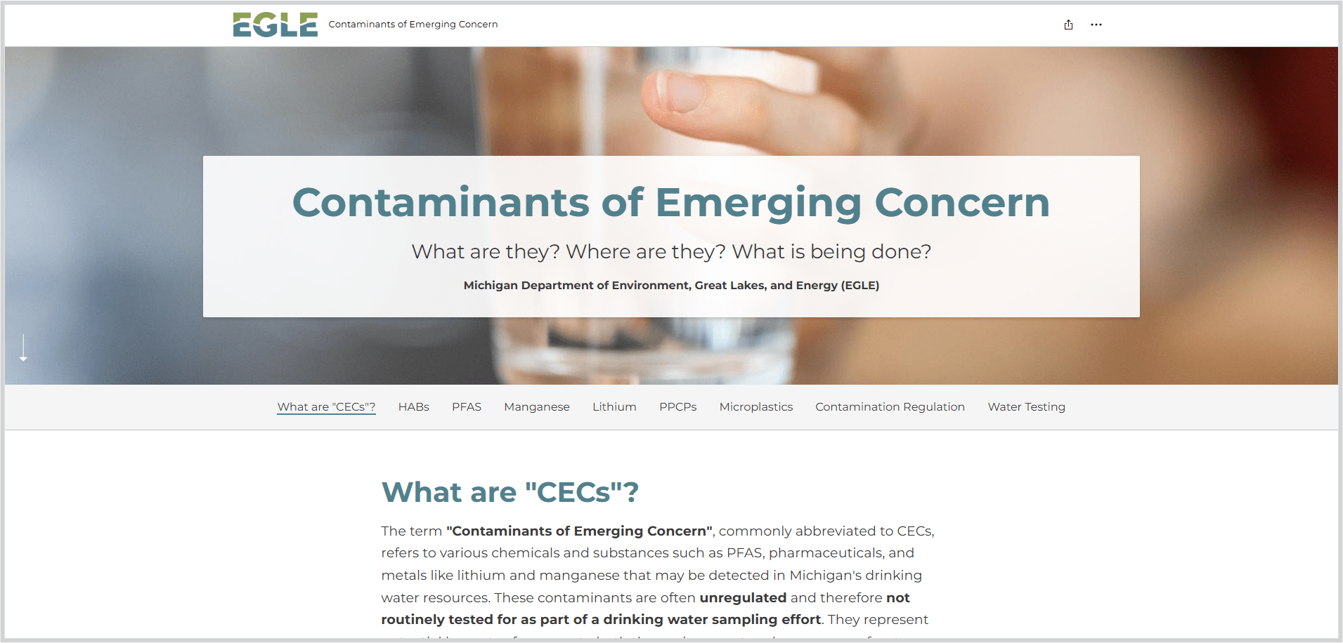Screenshot of the first slide in the Contaminants of Emerging Concern storymap