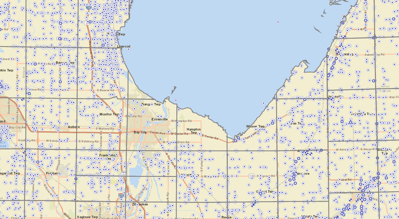 A screen capture of water well viewer showing wells in the Saginaw Bay area