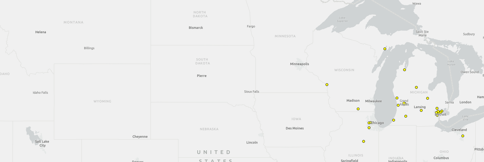 Preview of the interactive web map showing the electronic waste recycling facilities in Michigan.