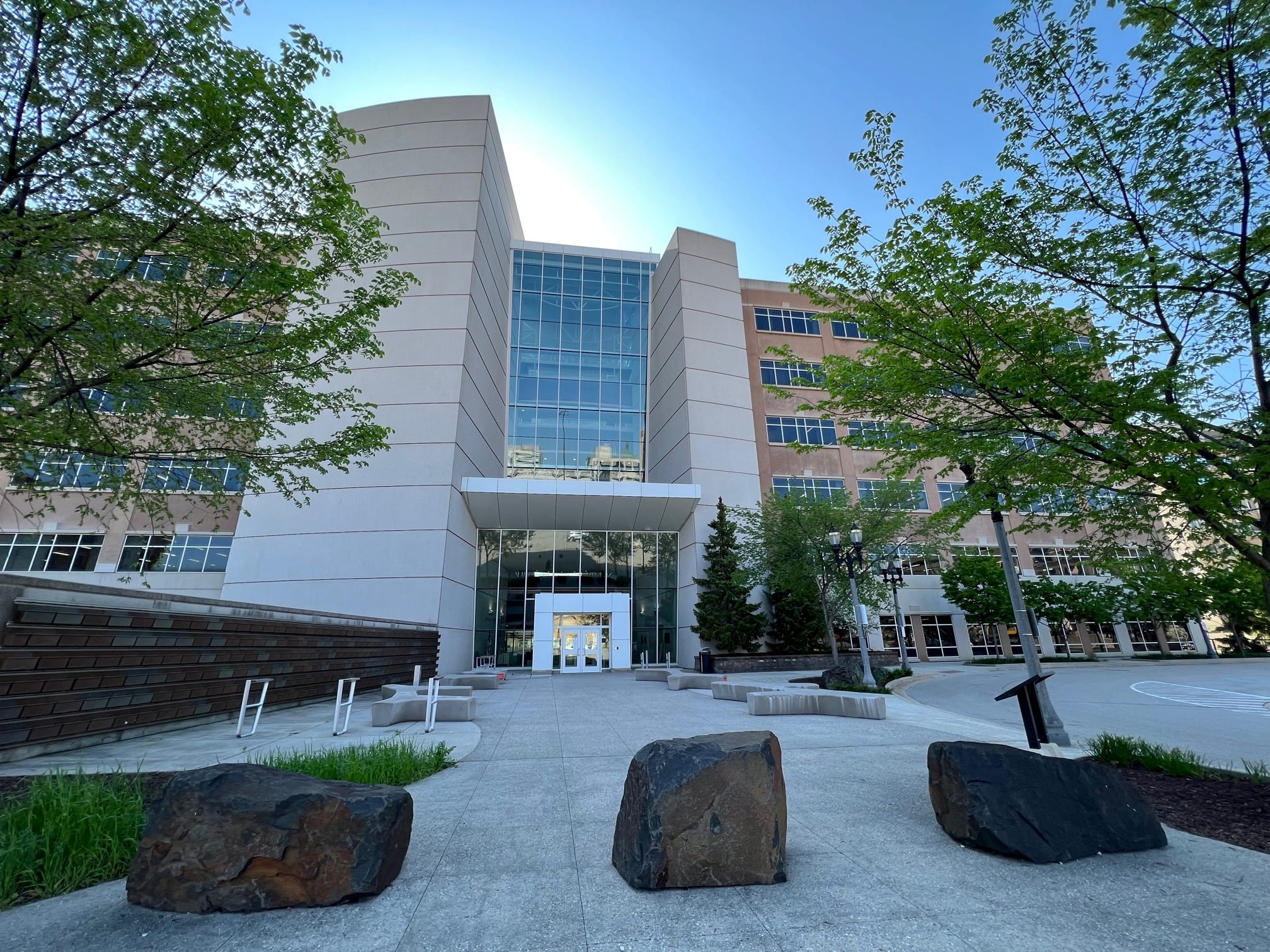 Exterior view of the Deborah A. Stabenow Building  the physical office of the Michigan Department of Environment, Great Lakes, and Energy (EGLE)