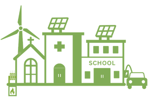 Picture of a green windmill, hospital, church, and school