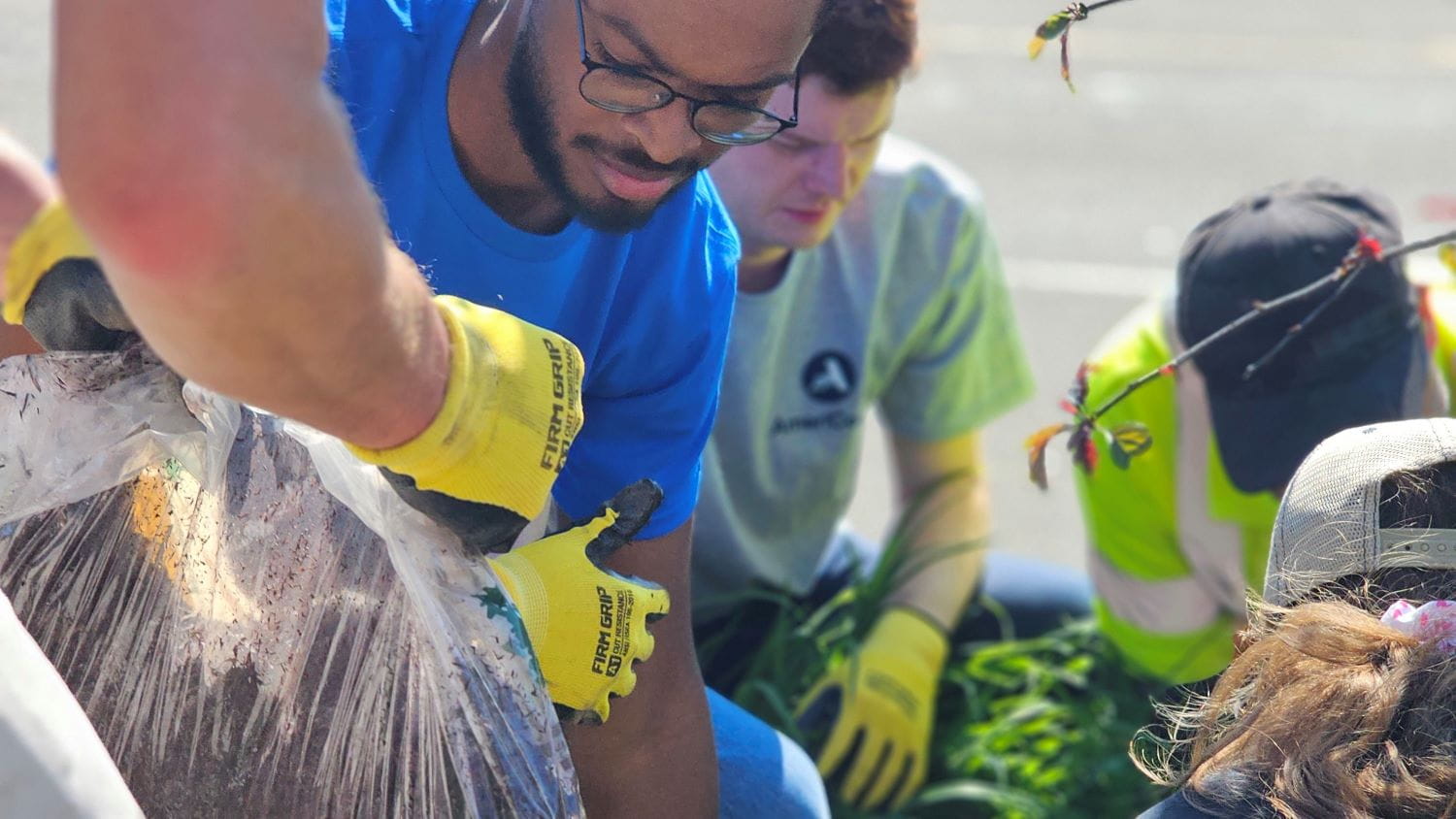 Multiple young people working on a garden bed, wearing gloves and putting down mulch