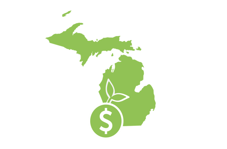 Michigan with a coin sprouting a leaf